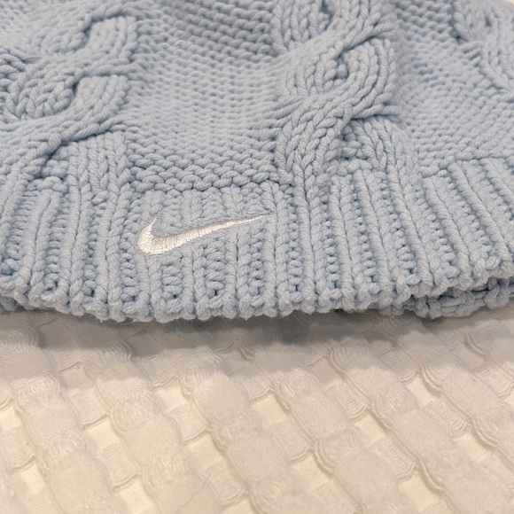 Light Blue Nike Swoosh Cable Knit Pom Beanie OS - Picture 2 of 6